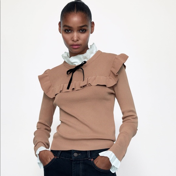 ZARA BEIGE CONTRAST KNIT BOW SWEATER - Picture 4 of 4